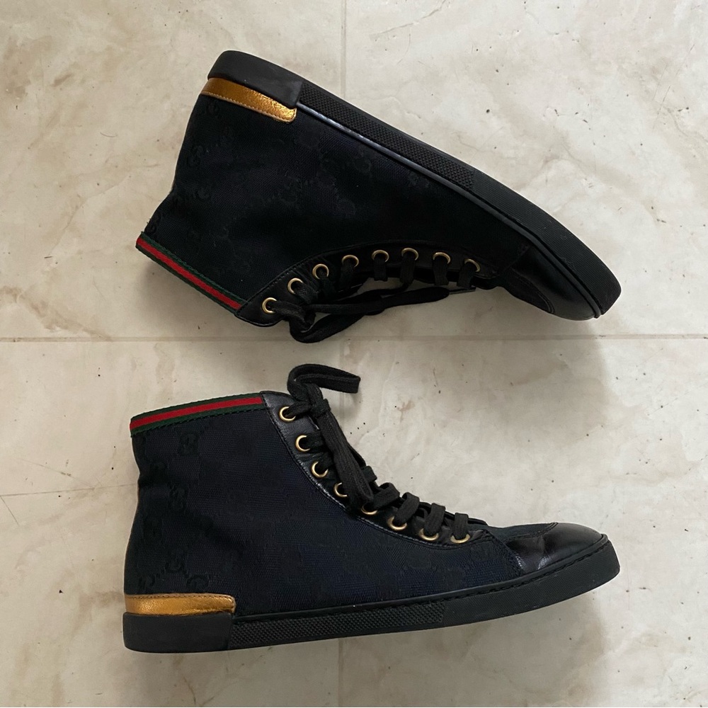 $985 Gucci Made in Italy GG Monogram Black Leather Canvas High Top Sneakers 5.5